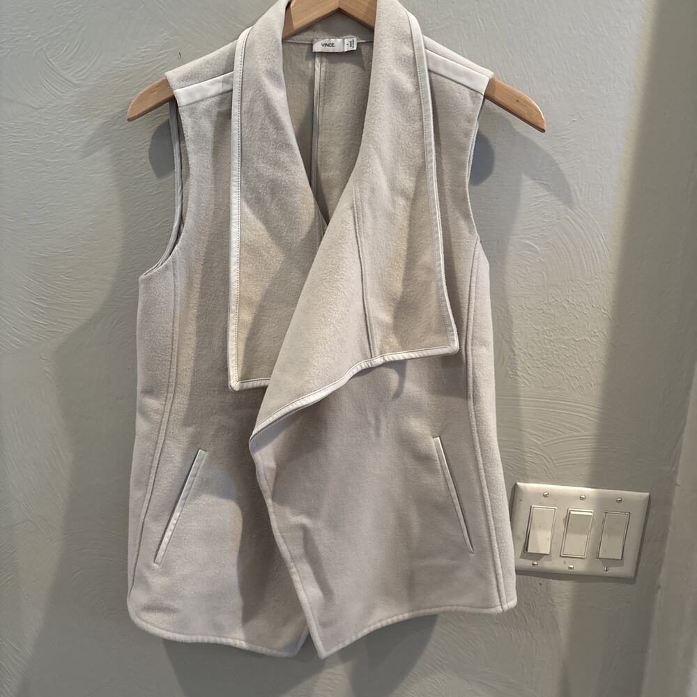Vince leather trim open drape collar wool blend‎ vest Size Small